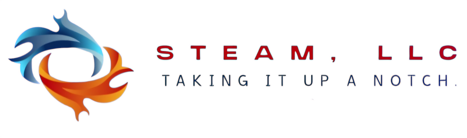 Logo for Steam, LLC featuring swirling blue and orange shapes to the left, with the text STEAM, LLC in red and TAKING IT UP A NOTCH. in blue below.