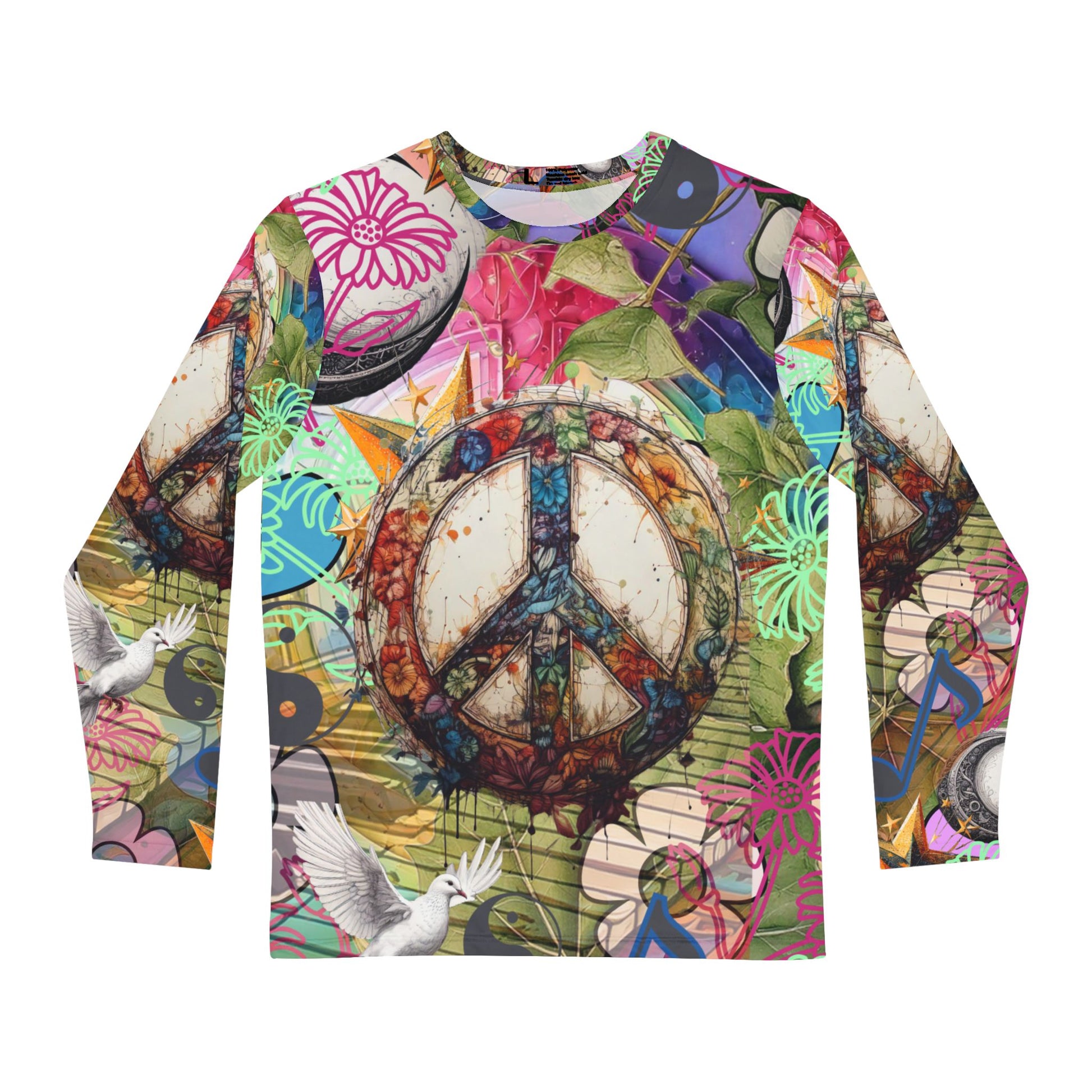 The Long Sleeve Shirt - Classy Chic with a Hippie Vibe by Printify features colorful long sleeves with a bold peace symbol, surrounded by graffiti patterns, flowers, music notes, and doves. Made from polyester fabric, it exudes bohemian flair.