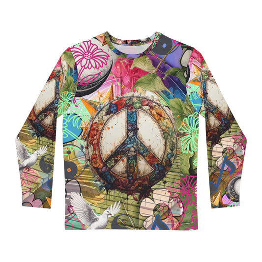 The Long Sleeve Shirt - Classy Chic with a Hippie Vibe by Printify features colorful long sleeves with a bold peace symbol, surrounded by graffiti patterns, flowers, music notes, and doves. Made from polyester fabric, it exudes bohemian flair.