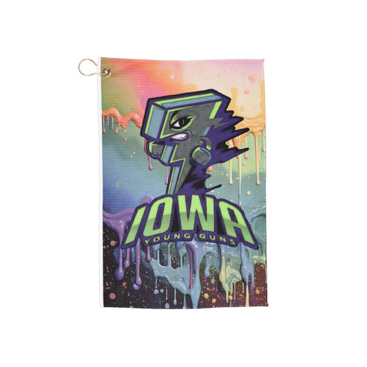 The Colorful Iowa Young Guns Towels by Printify feature a vibrant dripping paint design with a lightning bolt and bold green and purple text—fun, functional, and perfect for young athletes or sports fans.
