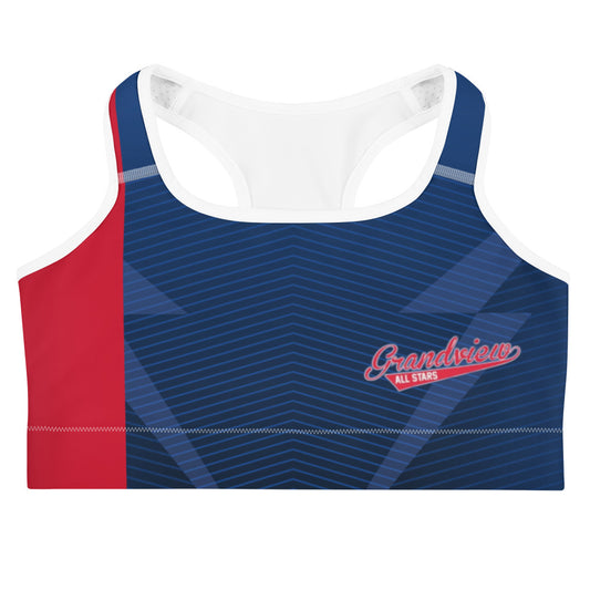 The STEAM Sports bra-personalized features blue fabric with dark chevron patterns, a bold red side stripe, Grandview All Stars in white and red script, a white inner lining, and moisture-wicking support material for comfort.