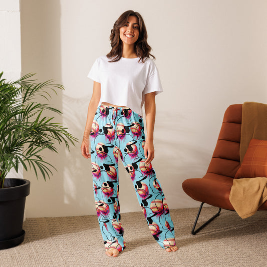 A woman in a relaxed fit white t-shirt and Steams Baseball Women’s pajama pants smiles barefoot indoors. Her loungewear suits the cozy setting, with a plant nearby and a brown cushioned chair on the carpeted floor.