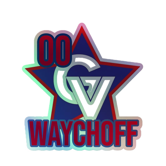 The STEAM GV Holographic sticker-personalized 5 x 5 features a blue and red star with GV in front, 00 at the top left, and WAYCHOFF in bold red and blue—perfect for eye-catching durable vinyl or holographic designs.