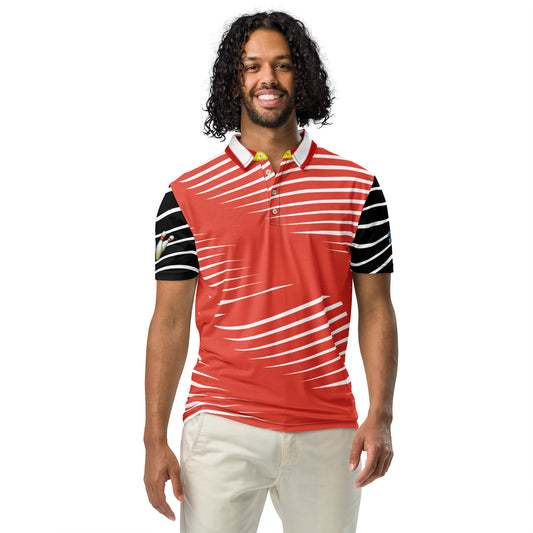 A person with curly hair wears the STEAM Men’s slim fit polo bowling theme shirt in red and white stripes, featuring a classic collar and black and white striped sleeves. Made from breathable fabric, it pairs perfectly with light-colored pants as they smile against a plain white background.