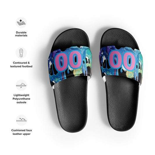 STEAM Men’s Personalized Drip slides feature black faux leather uppers with bold cartoon graphics and large pink “00” on the straps. Highlights include cushioned upper, contoured footbed, durable materials, and a lightweight sole.