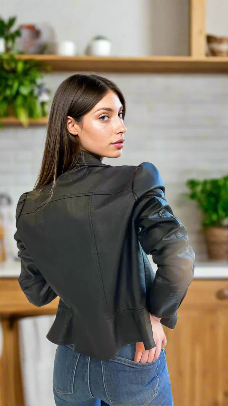 Ready in 5 Vegan Leather Peplum Jacket