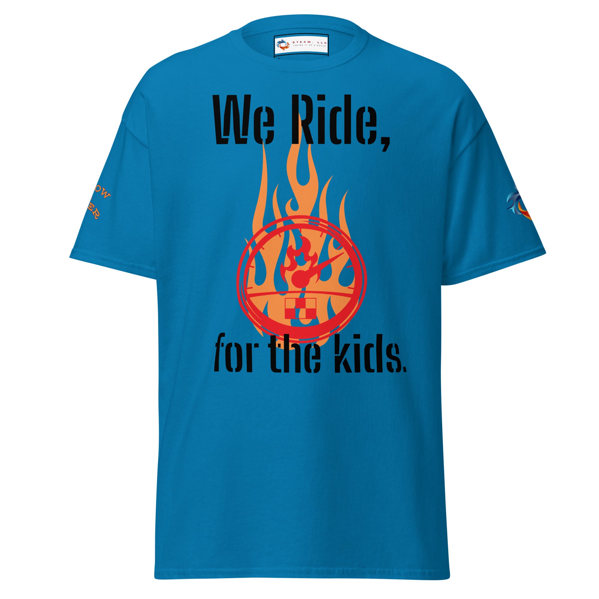 The STEAM “We ride for the kids” Unisex classic tee features a blue cotton build with a fiery basketball graphic and bold slogan. $5 from each shirt goes to kids. Sleeve logos add a streetwear edge.