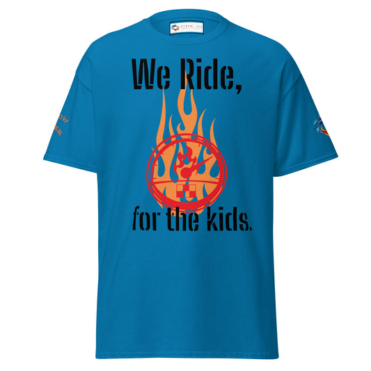 The STEAM “We ride for the kids” Unisex classic tee features a blue cotton build with a fiery basketball graphic and bold slogan. $5 from each shirt goes to kids. Sleeve logos add a streetwear edge.