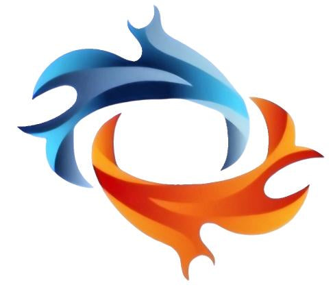 Abstract design of two intertwined, stylized dolphins, one in blue shades and the other in orange shades, against a white background.