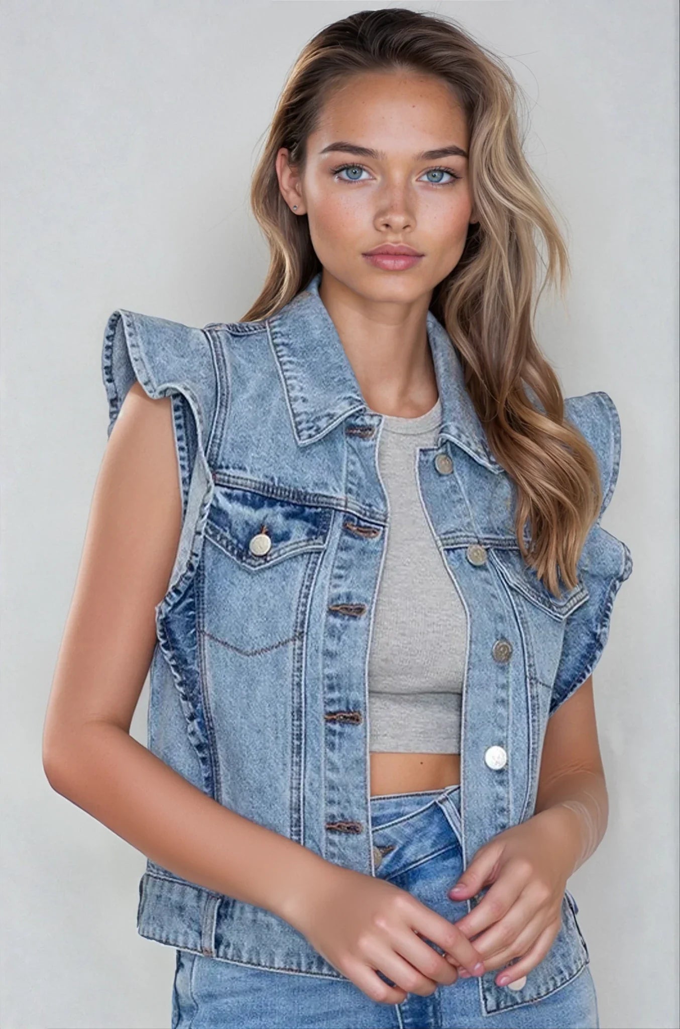 Victorian Charm Ruffle-Trim Denim Vest Jacket – Sleeveless Statement Layer- Light Denim