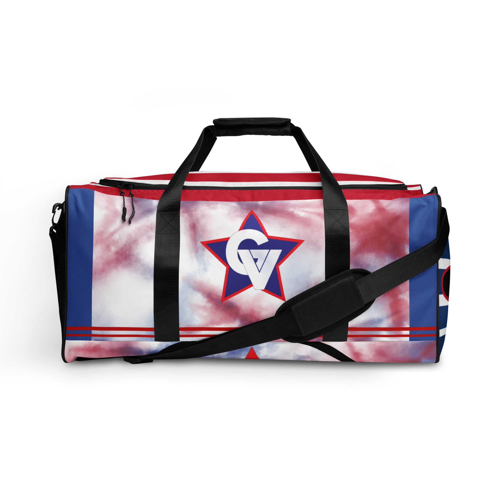 The STEAM Duffle bag-personalized 22″ × 11.5″ × 11.5″ features black straps, multiple pockets, a vibrant red and blue star with a white GV logo on the front, and red, white, and blue tie-dye patterns on the sides.