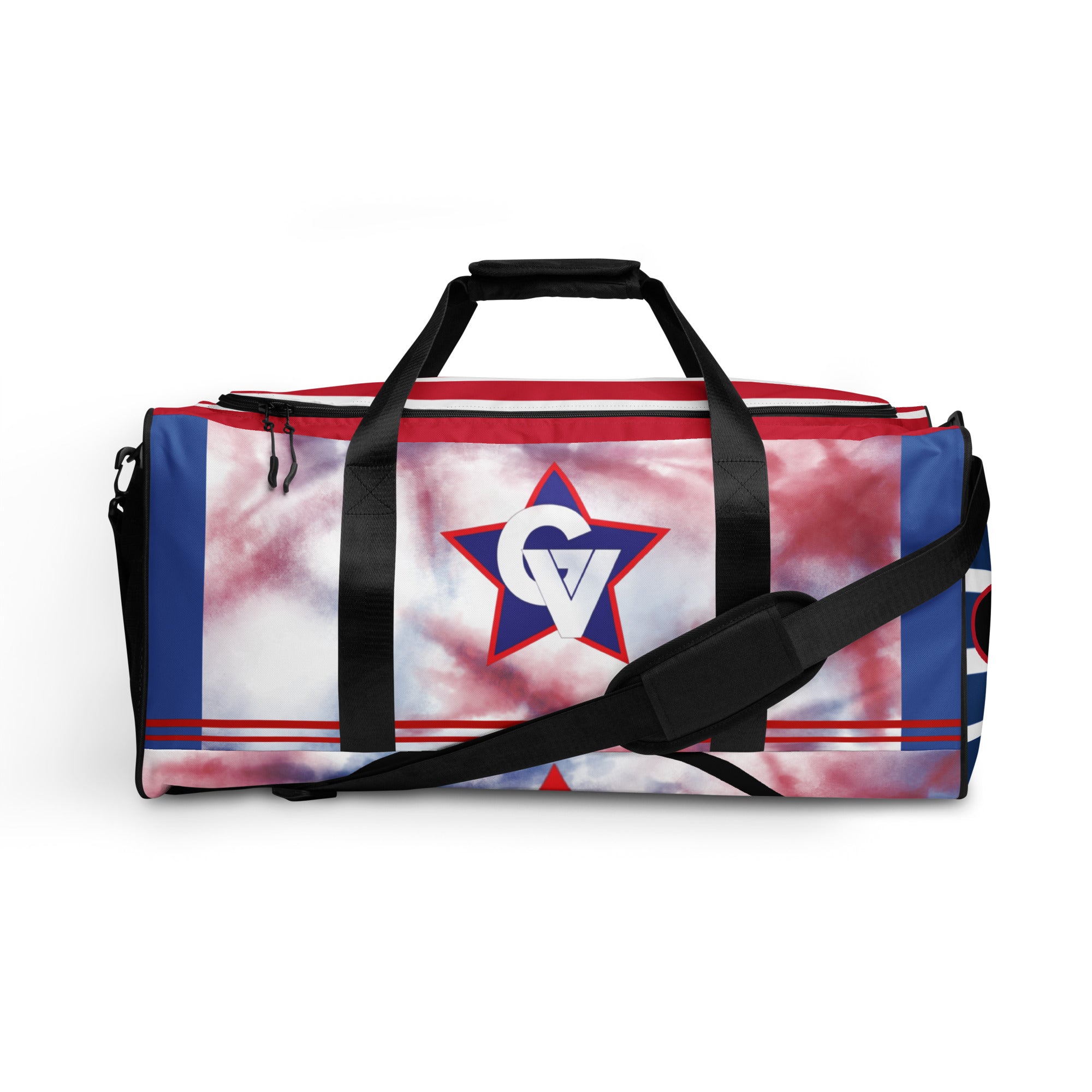 The STEAM Duffle bag-personalized 22″ × 11.5″ × 11.5″ features black straps, multiple pockets, a vibrant red and blue star with a white GV logo on the front, and red, white, and blue tie-dye patterns on the sides.