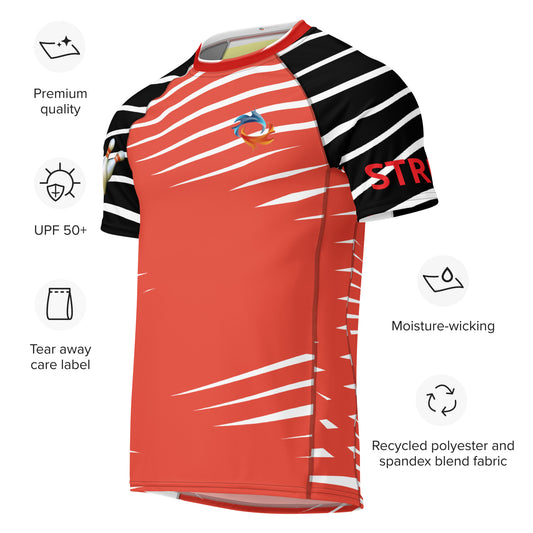 The STEAM All-over Print Men’s Rash Guard Bowling Theme Shirt is a premium quality, short-sleeved jersey with black and white striped sleeves, UPF 50+, moisture-wicking fabric, tear-away label, and made from a recycled polyester/spandex blend. Features STR text and logo. Ideal for active days.